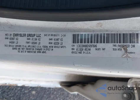 2014 Chrysler 200 Lx z USA, uszkodzony, nr VIN 1C3CCBAB8EN207606